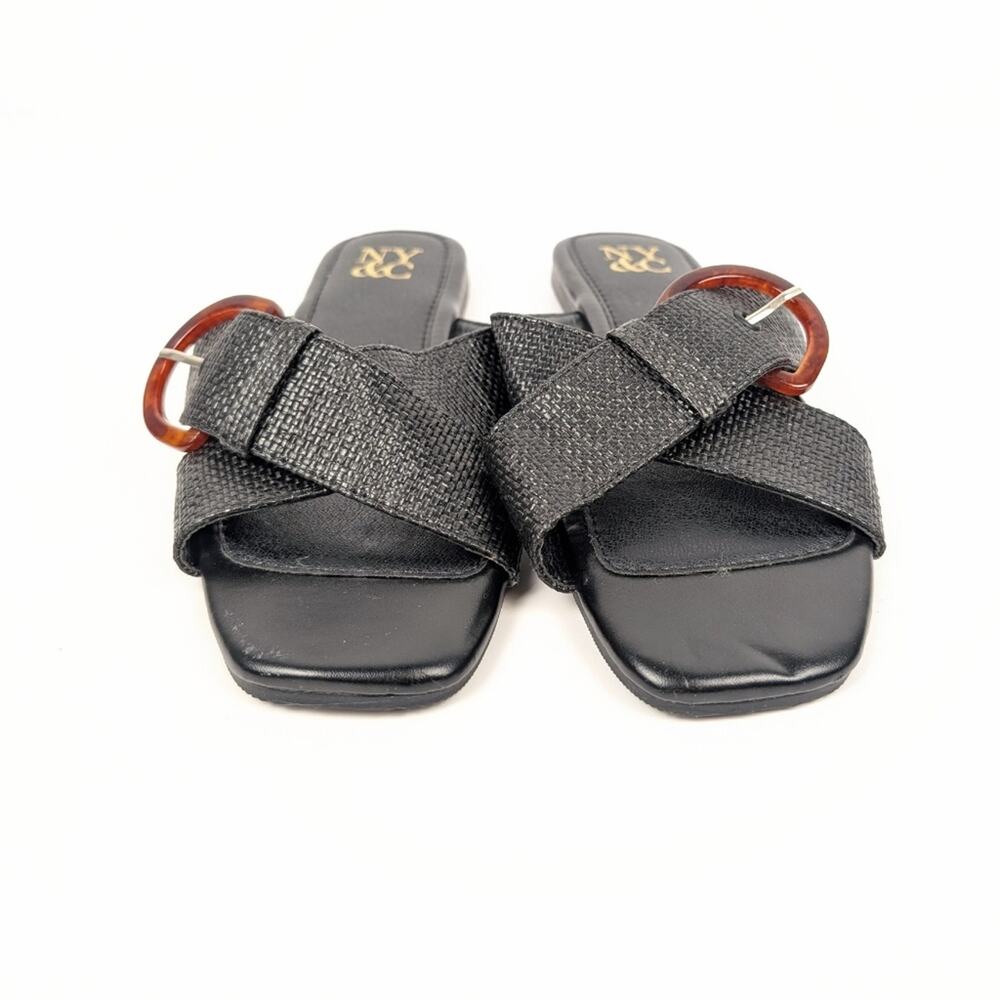 New York & Company Black Criss Cross Slip On Buckle Flat Sandals Size 6 - Picture 3 of 9